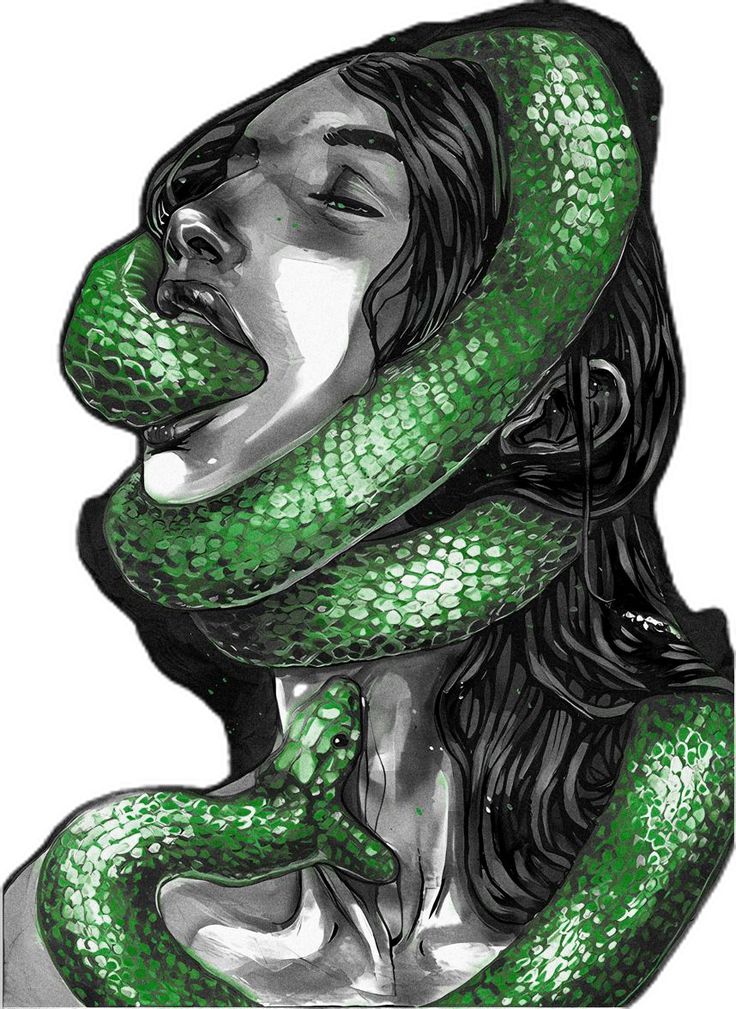 a drawing of a woman with green snakes on her head and hands wrapped around her neck