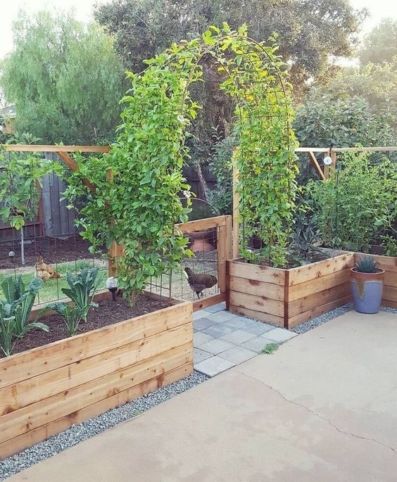 several wooden planters with plants in them on a patio near a fence and trees