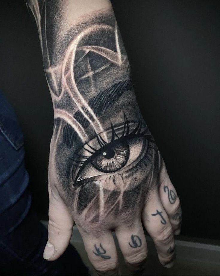 a person's hand with an eye tattoo on it