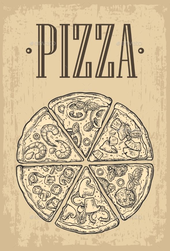 a pizza with different toppings and the word pizza written in black ink on a beige background