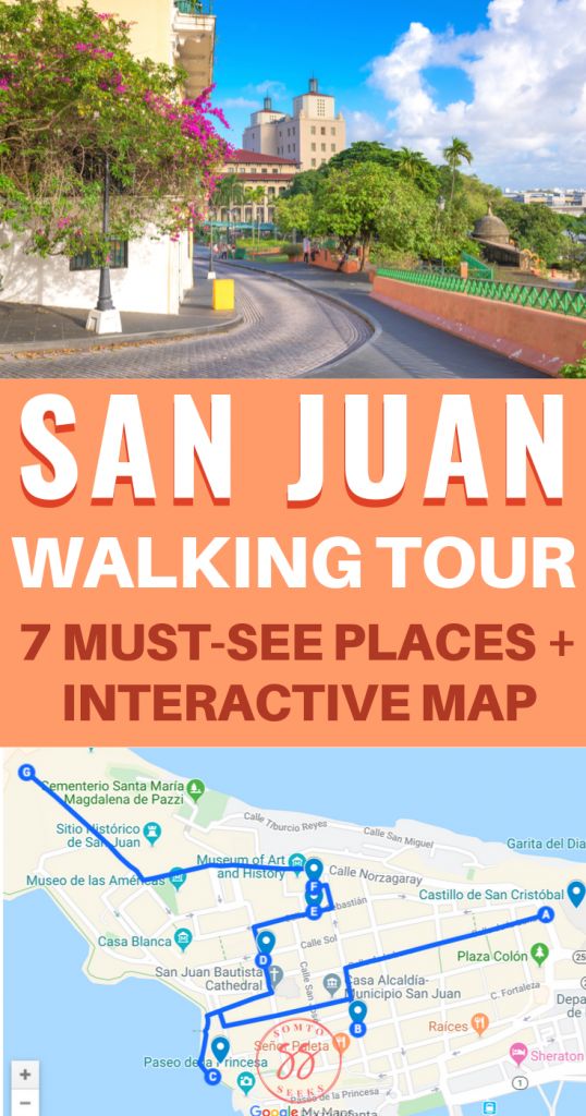 the san juan walking tour map with an orange background and text that reads, 7 must - see places interactive map