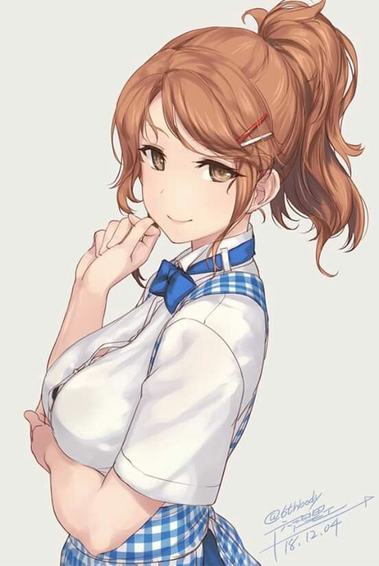 Background Hair, Twitter Username, Employee Uniform, Swept Bangs, Brown Hair Brown Eyes, Eyes Brown, High Ponytail, Hair Ribbon, Anime Hair