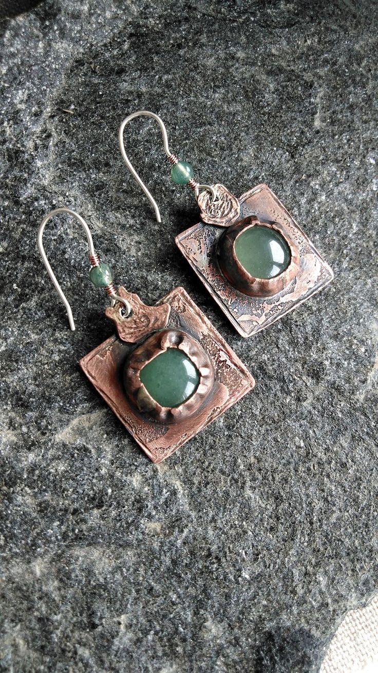 "Handmade earrings \"Patterns of Time\" will set the mood and add charm to your everyday look. The green gemstone will accentuate the color of your eyes or your outfit! It's essential to remember that earrings, with their color and shape, complete your overall appearance!" Unique Green Pierced Earrings, Artisan Green Copper Jewelry, Green Gemstone Artisan Earrings, Green Artisan Gemstone Earrings, Artisan Green Gemstone Earrings, Pierced Green Copper Earrings, Green Copper Pierced Earrings, Handmade Green Copper Earrings, Handmade Copper Green Earrings