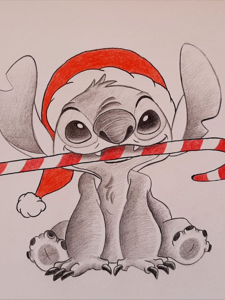 a drawing of a cartoon character holding a candy cane in his mouth and wearing a santa hat