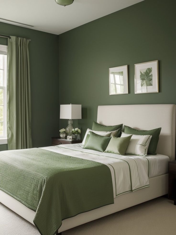 a bedroom with green walls, white bedding and two framed pictures on the wall