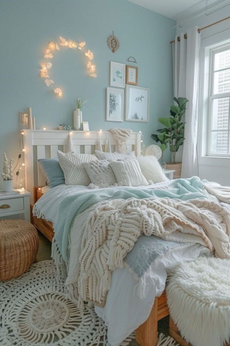 a bedroom with blue walls, white bedding and lights on the windows sill