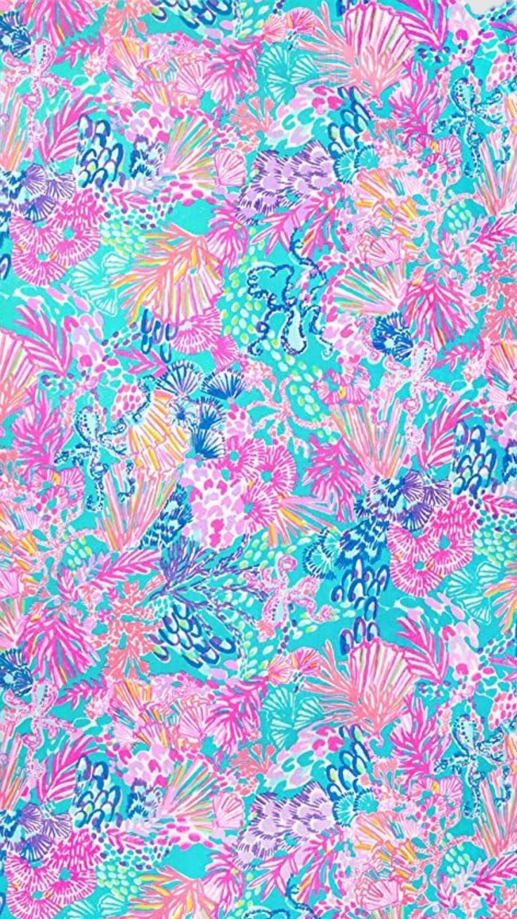 an image of colorful flowers and leaves on a blue background with pink, green, purple and