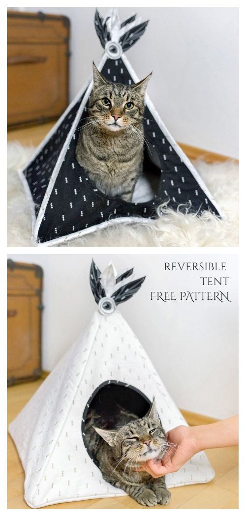 a cat is sitting in a teepee tent with the caption, reversible free pattern