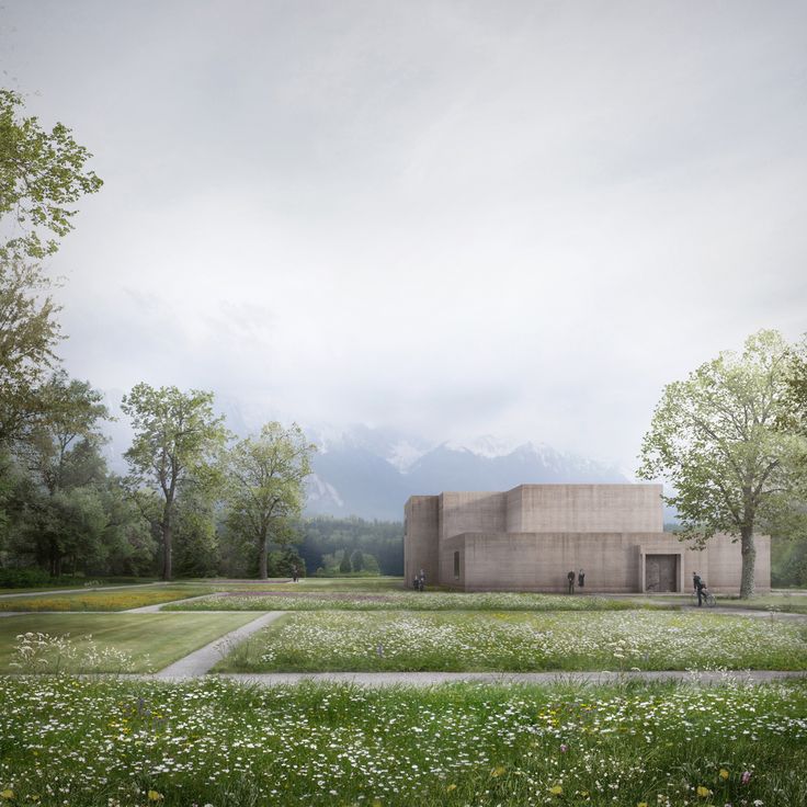 an artistic rendering of a building in the middle of a field with trees and flowers