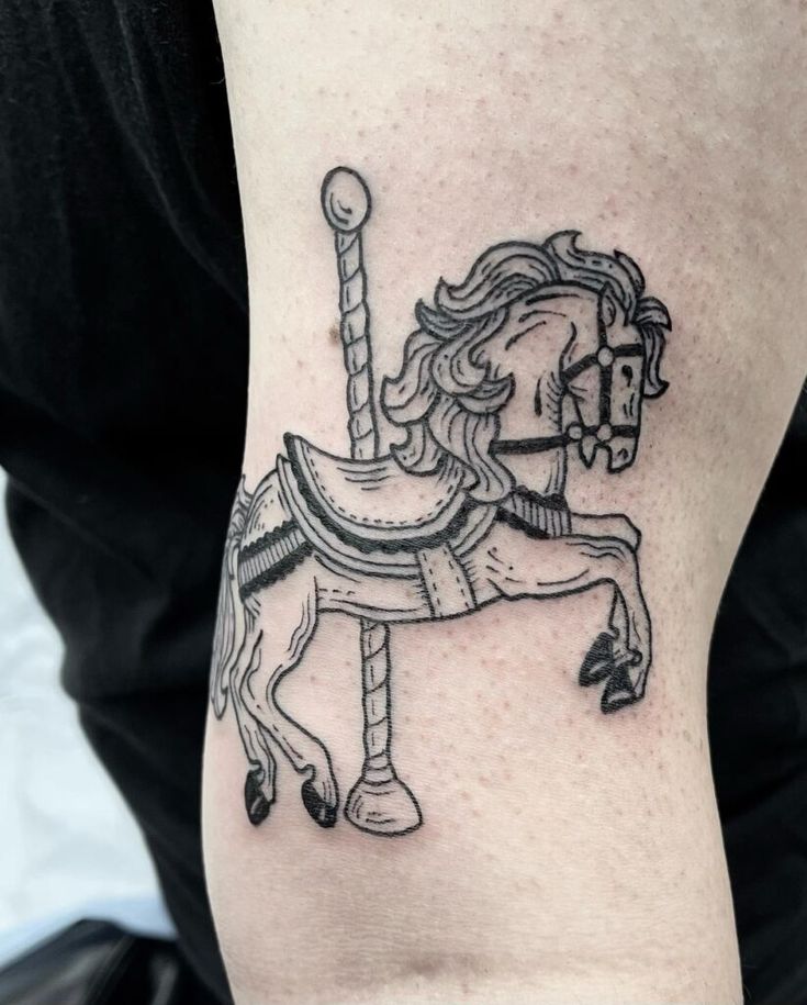 Circus Horse Tattoo, Carousel Pony Tattoo, Carosel Horse Tattoo Vintage, Old School Horse Tattoo, Carosel Horse Tattoo, Trapeze Tattoo, Pierce Ideas, Traditional Tattoo Horse, Carousel Horse Tattoos