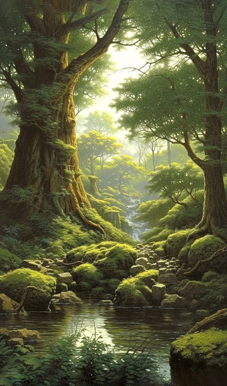 a painting of a forest scene with mossy rocks and trees in the foreground