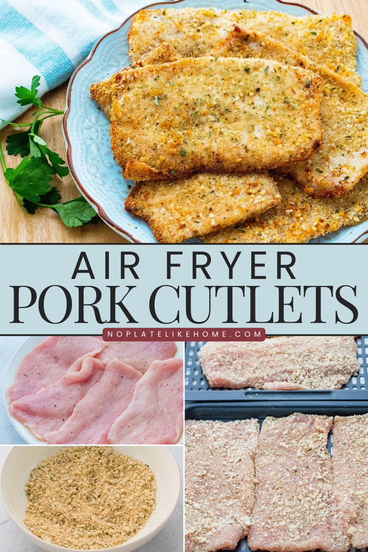 These Air Fryer Pork Cutlets have a nice crispy crust made with a mixture of panko breadcrumbs and Italian breadcrumbs and are seasoned with garlic, onion, salt and black pepper. This recipe is low in fat and calories because it’s made with little oil. Plus, it goes with many side dishes and is ready in just 30 minutes. Pork Cutlets Recipe Airfryer, Baked Pork Cutlets Recipe, Crispy Pork Cutlets, Healthy Pork Cutlet Recipes, Recipes With Pork Cutlets, Breaded Pork Cutlets Air Fryer, Air Fried Pork Cutlets, Air Fryer Pork Cutlets Recipe, Breaded Pork Cutlets Baked