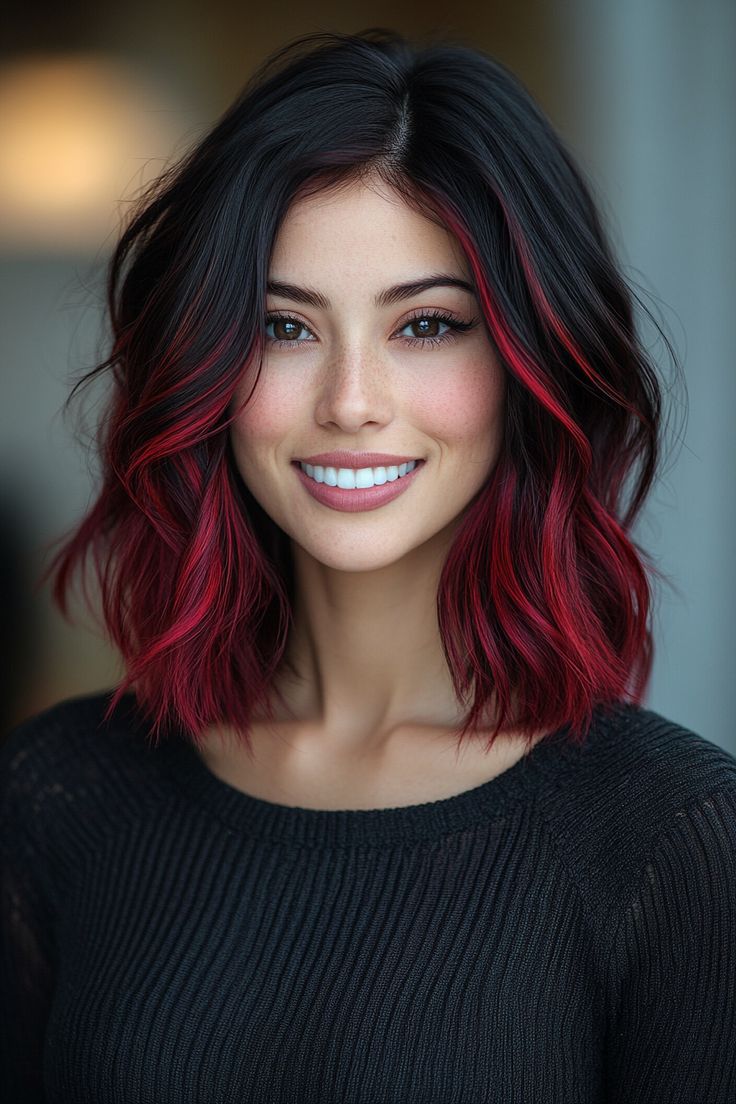 28. Textured Lob with Black Cherry Ends - Black Cherry Hair Color Ideas - Black Cherry Hair Color Ideas Black Roots Red Hair, Blond Shades, Black Cherry Hair Color, Black Cherry Hair, Cherry Hair Colors, Textured Lob, Lob Styling, Cherry Hair, Choppy Layers