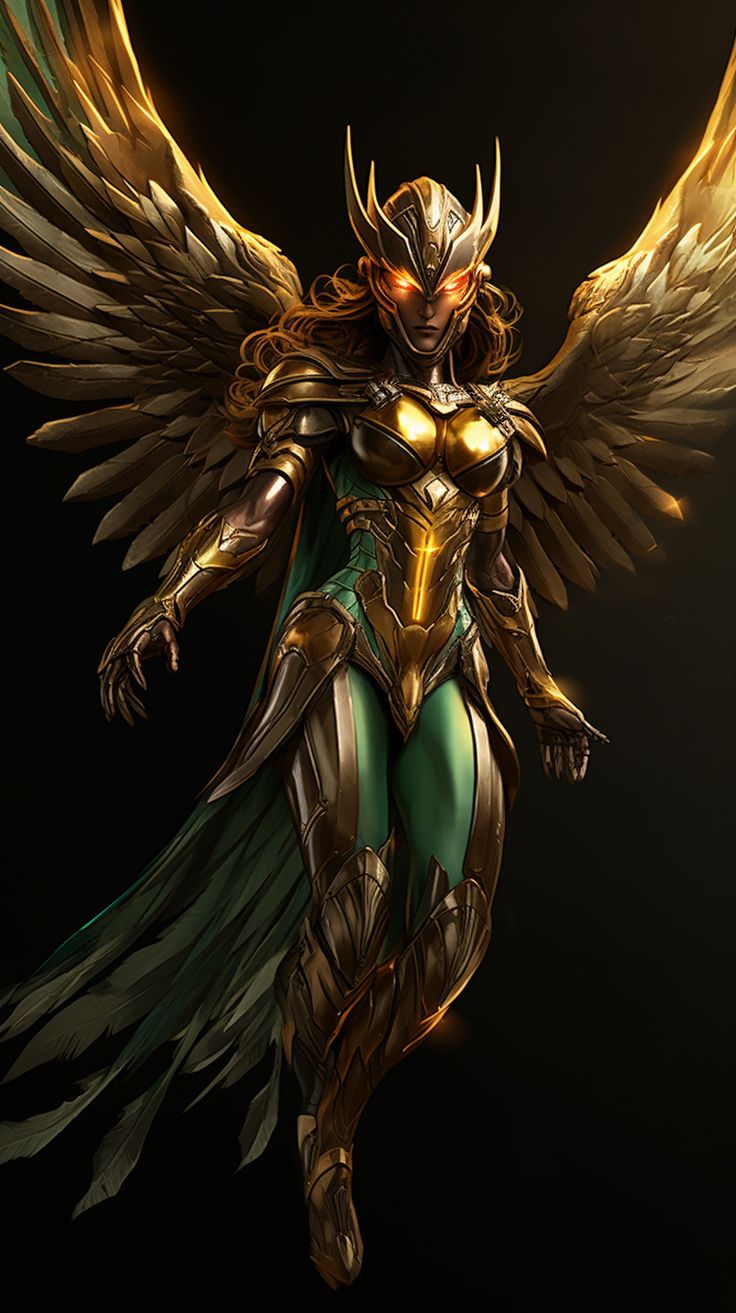 an image of a woman with wings on her chest and body, in gold armor