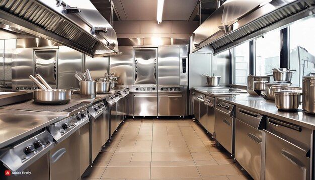 an industrial kitchen with stainless steel appliances and tile flooring