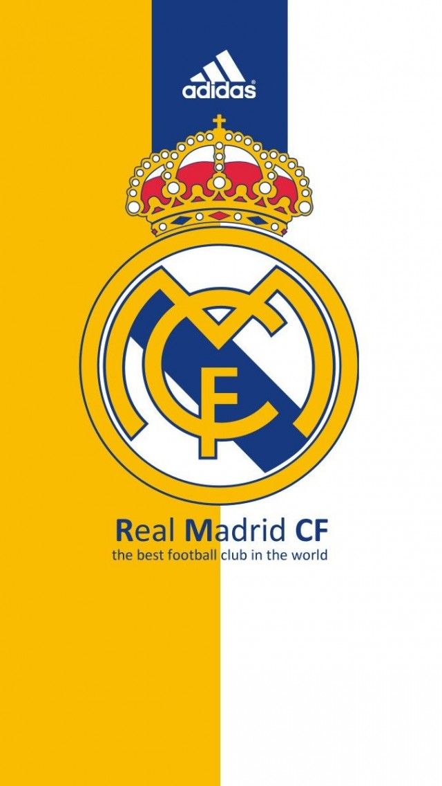 the real madrid logo on a yellow and blue striped background