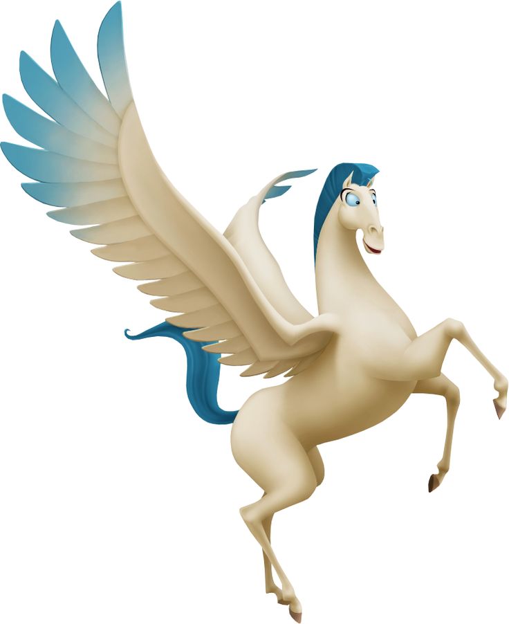 a white horse with blue wings flying through the air