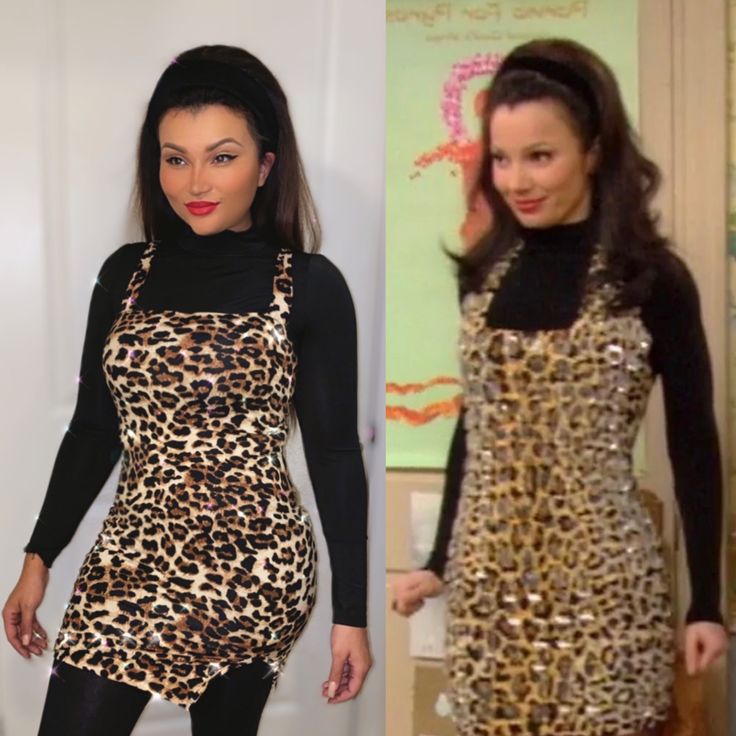 two women wearing leopard print dresses and black tights