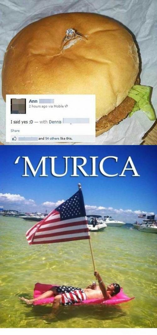 an american flag is floating in the water next to a hamburger that has been placed on top of it