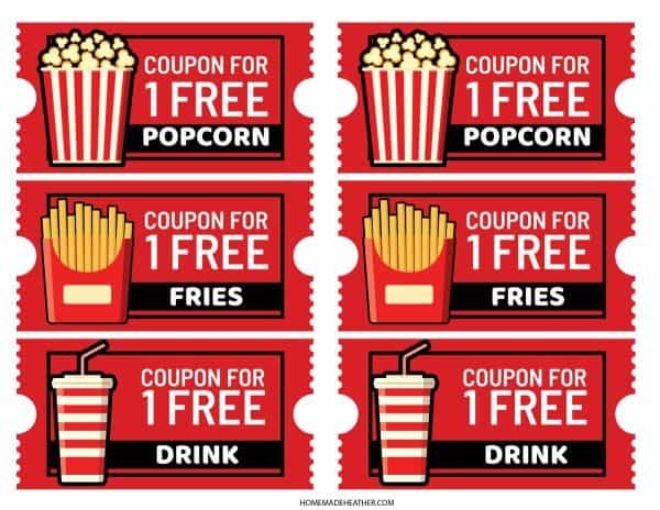 four coupons for free popcorn and fries with the words coupon for free on them