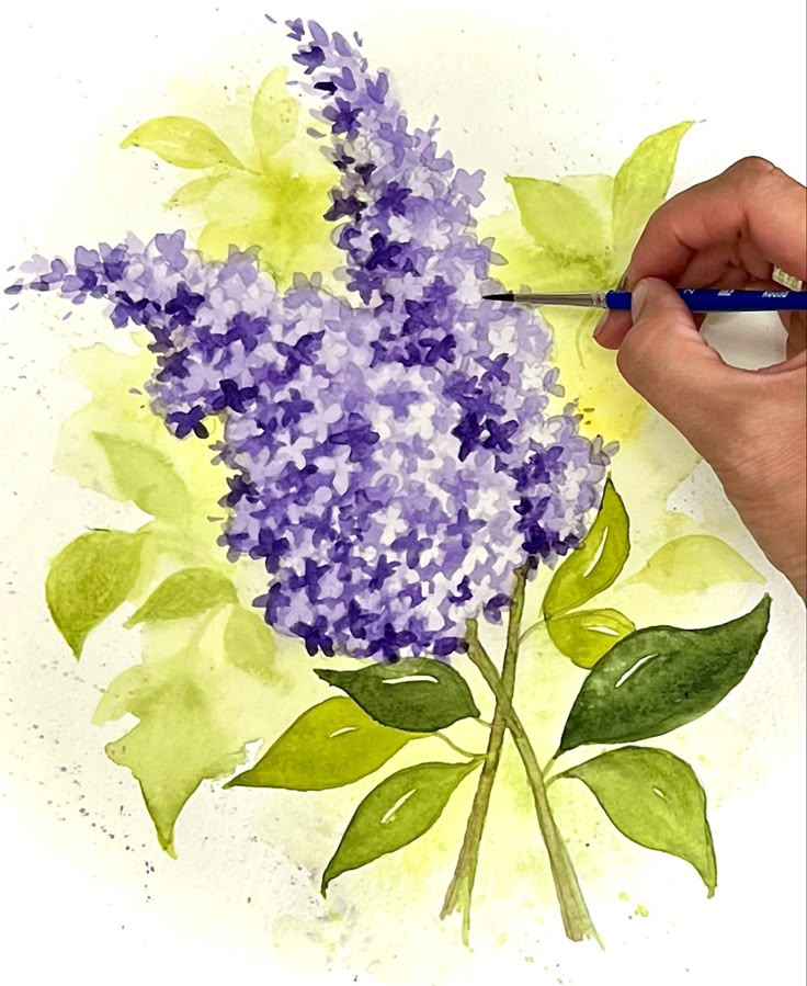 Beautiful Watercolor Lilac Tutorial! Lavender Flower Painting Easy, How To Paint Lilacs In Acrylic, Painting Lilacs Acrylic, Spring Watercolor Tutorials, Purple Flowers Watercolor Painting, Watercolor Lilacs Tutorial, How To Paint Lilacs, Watercolour Botanical Flowers, Lilac Painting Easy