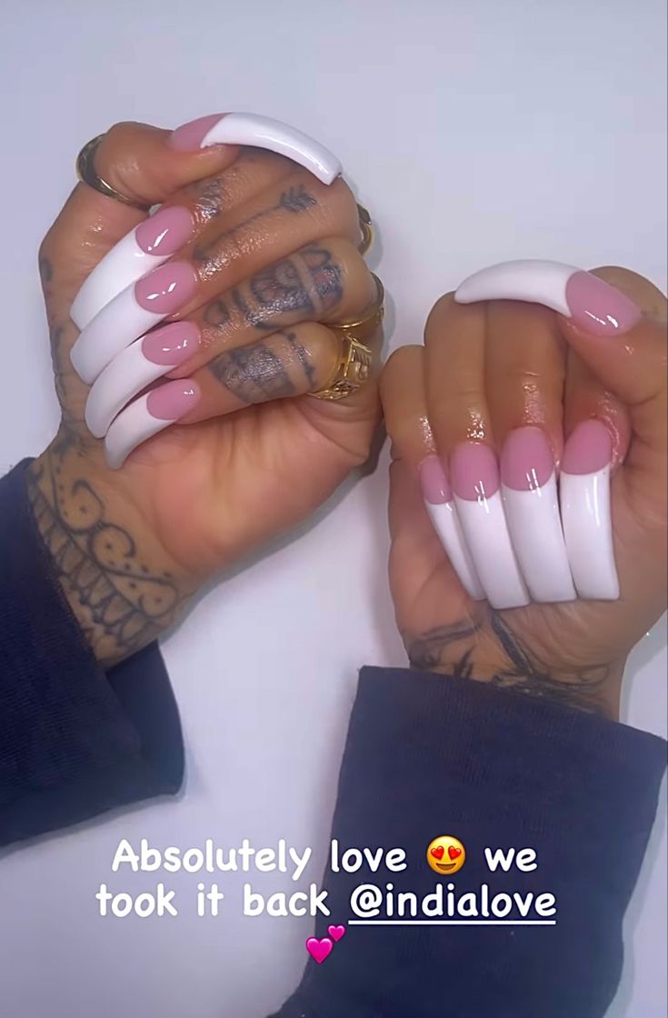 Curved Nails French Tip, Long Round Acrylic Nails, Long Curved Nail Designs, Really Long Acrylic Nails, Curved French Tip Nails, Types Of French Tips Nails, Y2k Tapered Square Nails, Curved Nails Acrylic, Long Curved Nails