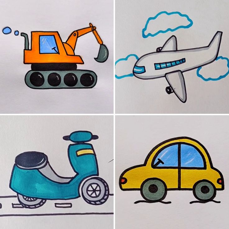 four pictures of different vehicles and cars drawn by children's hands with colored pencils