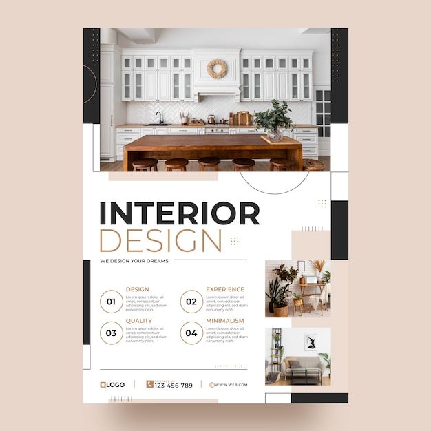 the interior design flyer is shown in black and white with an image of a kitchen