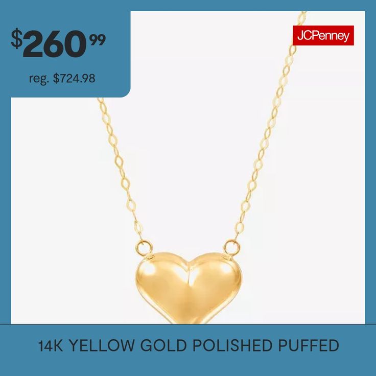 She has a heart of gold. Show her how much she means to you with this 14 gold puffed heart necklace bursting with simple beauty.Closure: Fish hook claspFeatures: Quick ShipShape: HeartMetal Color: YellowChain Length: 17 InchChain Construction: CableCare: Wipe CleanMetal: 14k GoldNecklace Type: Pendant NecklacesCountry of Origin: Imported Puffed Heart Necklace, Puffed Heart, Simple Beauty, Gold Polish, Fish Hook, Heart Of Gold, A Heart, Heart Necklace, Pendant Necklaces