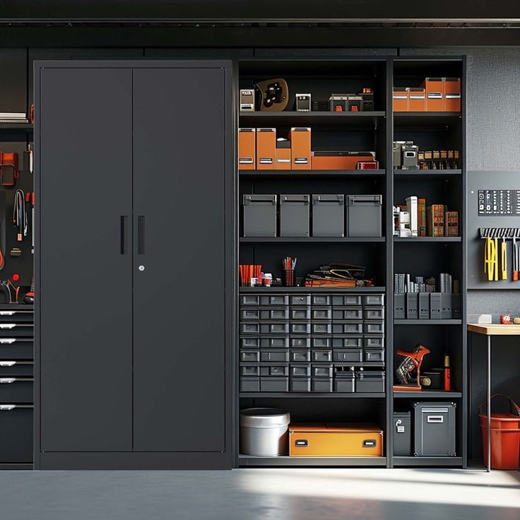 an organized garage with lots of storage and tools