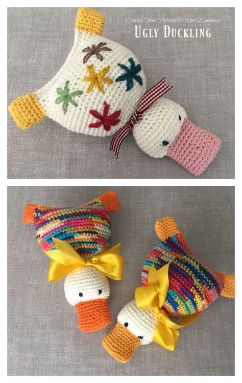 two crocheted ducks with hats and bows