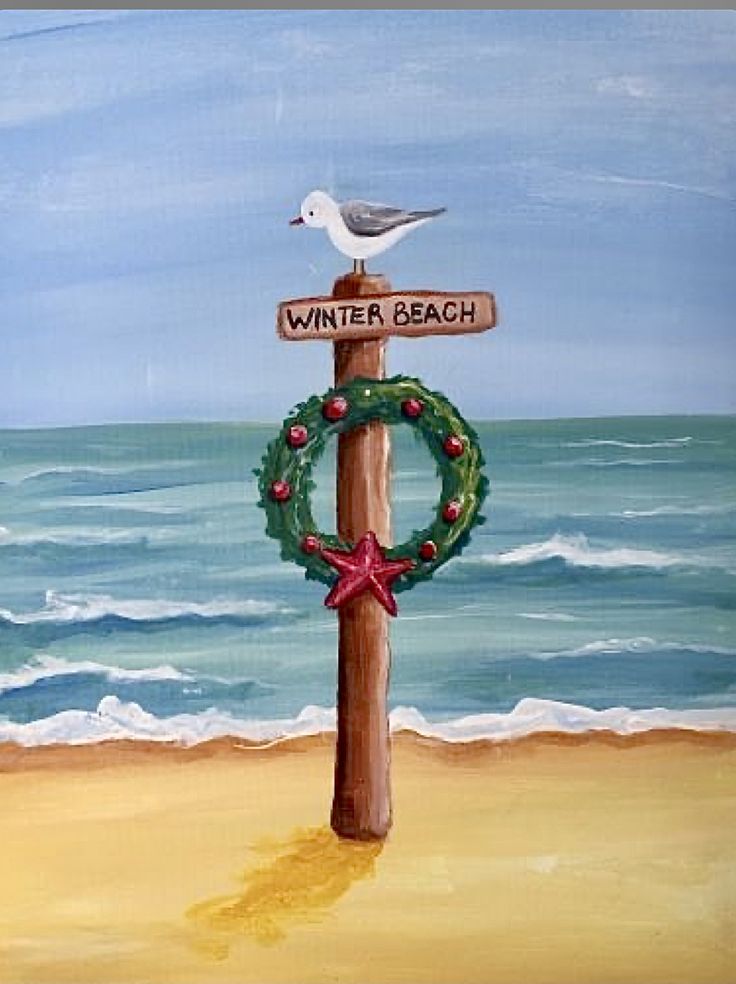 a painting of a bird sitting on top of a wooden post with a wreath around it