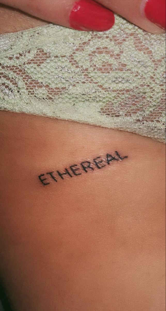 Hip tattoo
Ethereal 
Green
Black
Tattoo Feminine Word Tattoos, Ethereal Word Tattoo, Ethereal Tattoo Aesthetic, Divine Feminine Aesthetic Tattoo, Word Hip Tattoos, Feminine Energy Aesthetic Tattoo, Manifest Tattoo Words, Ethereal Tattoos For Women, Define Feminine Tattoo