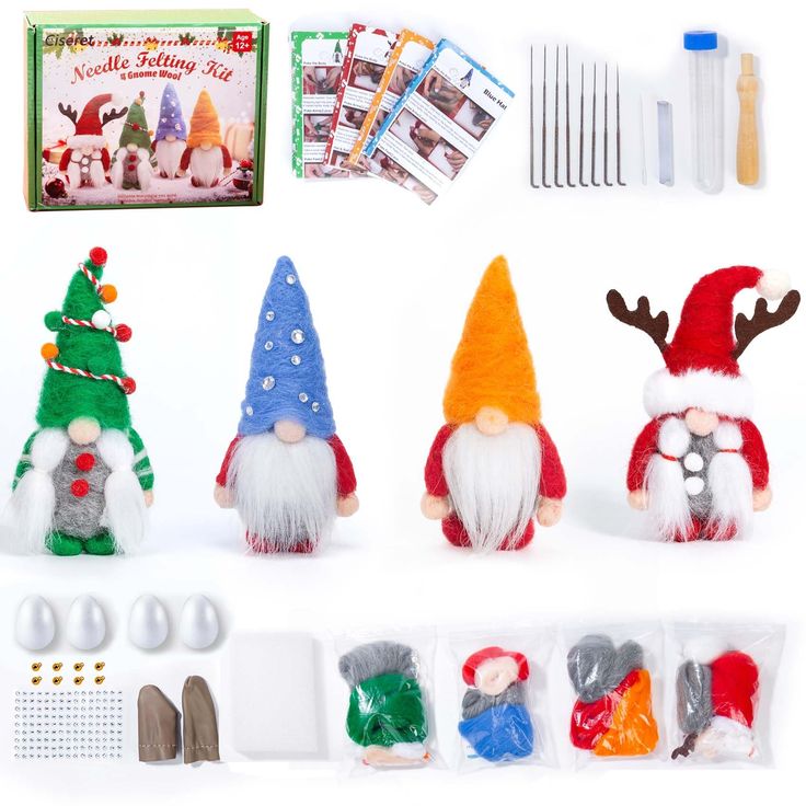 an assortment of christmas gnomes are displayed