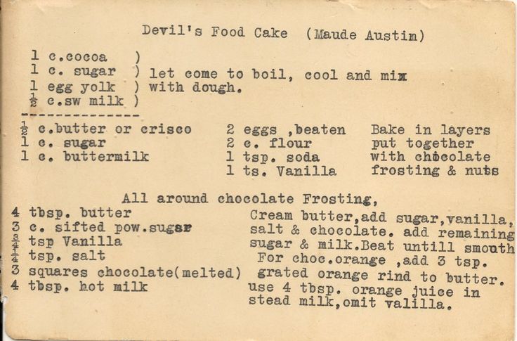 an old handwritten recipe for devil's food cafe