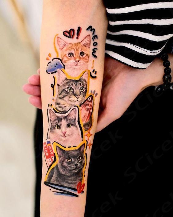 a woman's arm with tattoos on it and cats in different colors, including one cat