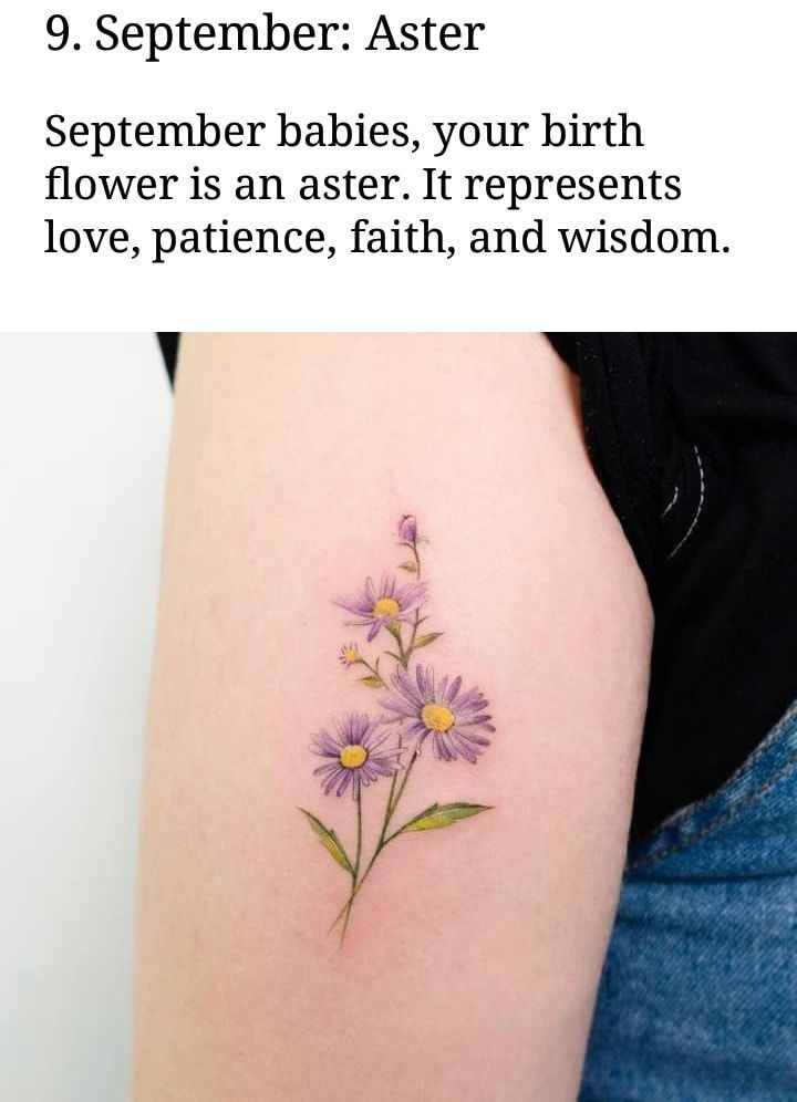 a woman's arm with flowers on it and the words, 9 september aster