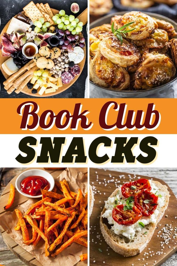 the book club snacks are on display in this collage with text overlays