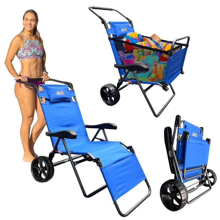 PRICES MAY VARY. MULTIPURPOSE – our patent pending beach cart chair is easy to use. Contains full size beach cart to bring all your beach supplies easily to the beach. Then transforms into large reclining beach chair. BEACH CART- The beach cart feature allows for large volume of beach items to be placed into the cart. With adjustable handle the cart can be tilted and easily rolled across the sand with the large wheels. The included mesh netting holds all your items safely in place during transpo Blue Striped Chair, Beach Supplies, Outdoor Cart, Spring Camping, Beach Cart, Striped Chair, Beach Items, Beach Gear, Beach Chair