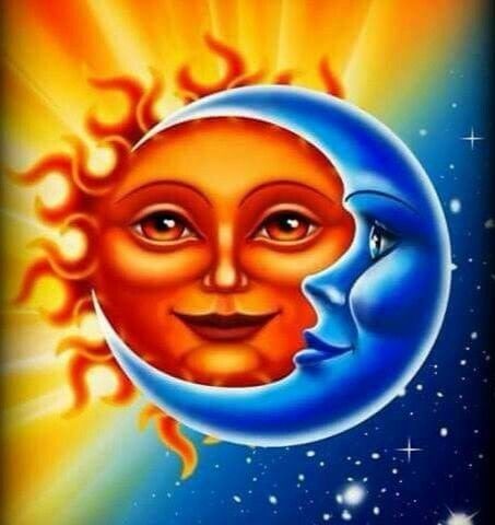 the sun and moon face are depicted in this painting