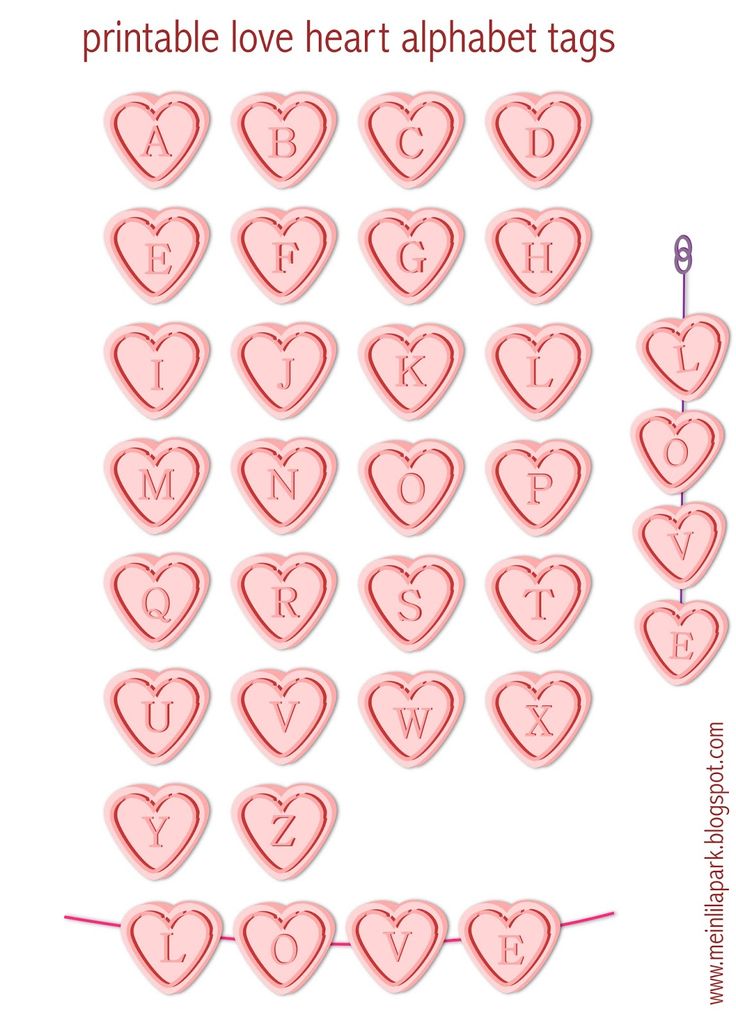 the printable love heart alphabet tags for valentine's day is shown in pink