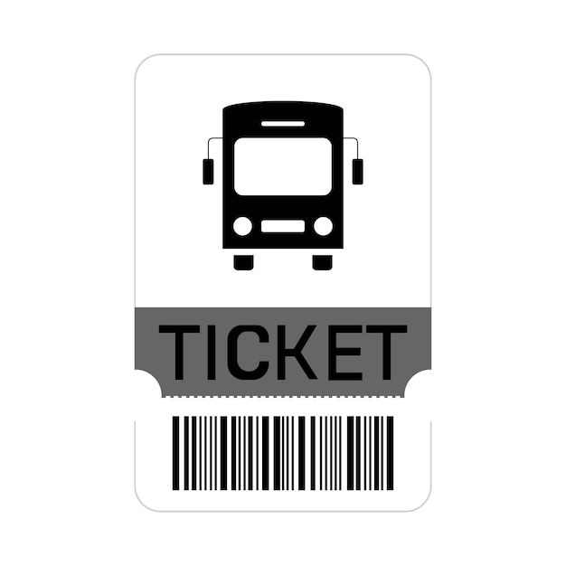 a black and white ticket with a bus on it's back side, next to a barcode