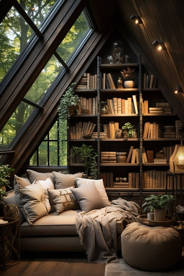 a living room filled with lots of furniture and bookshelves next to a window