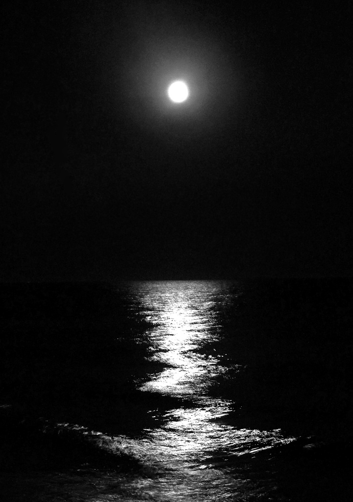 the moon is shining over the ocean at night