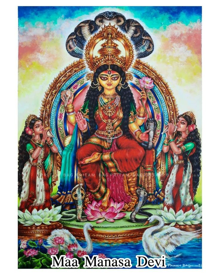 the hindu goddess sitting on her throne surrounded by swans