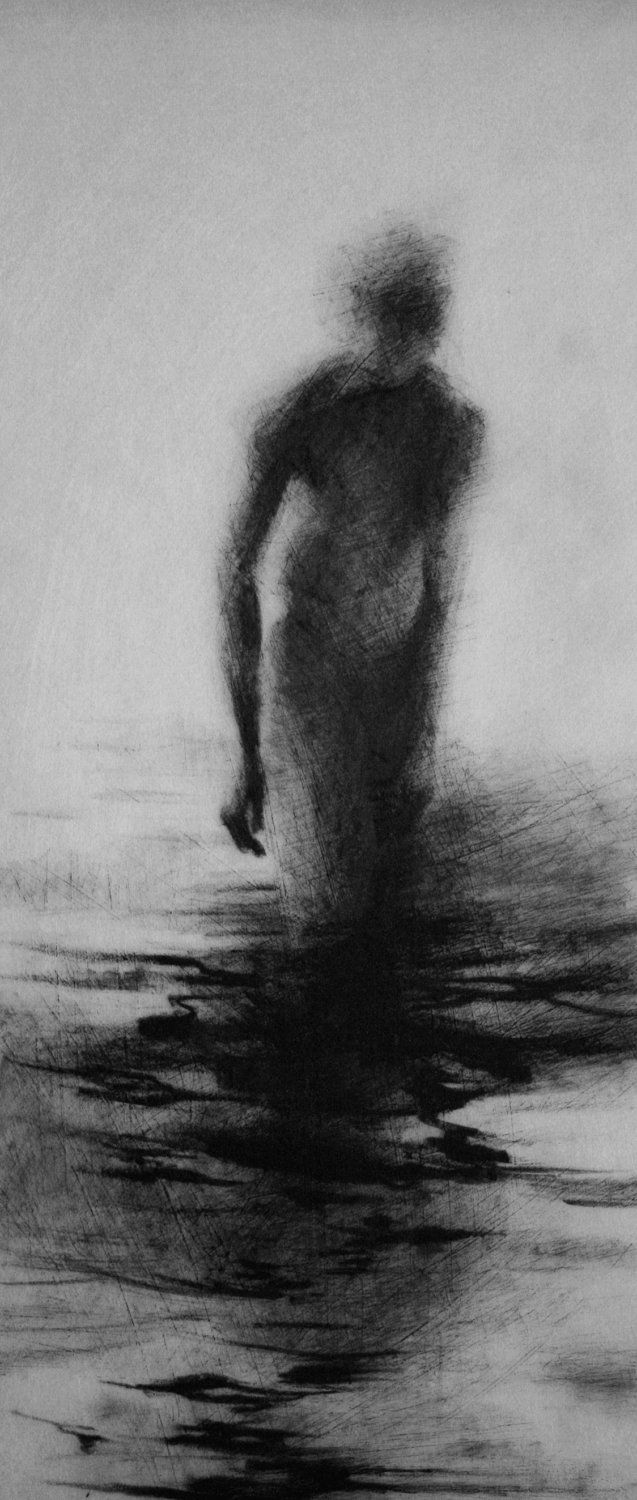 a black and white drawing of a man in the water