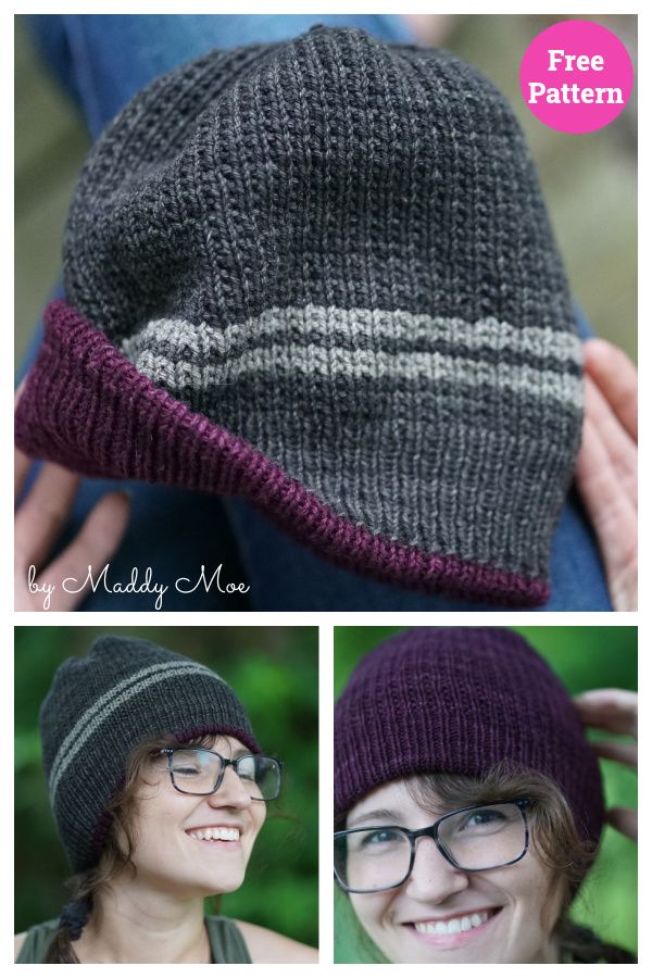 two pictures of a woman wearing a hat with stripes on it and the same one in different colors