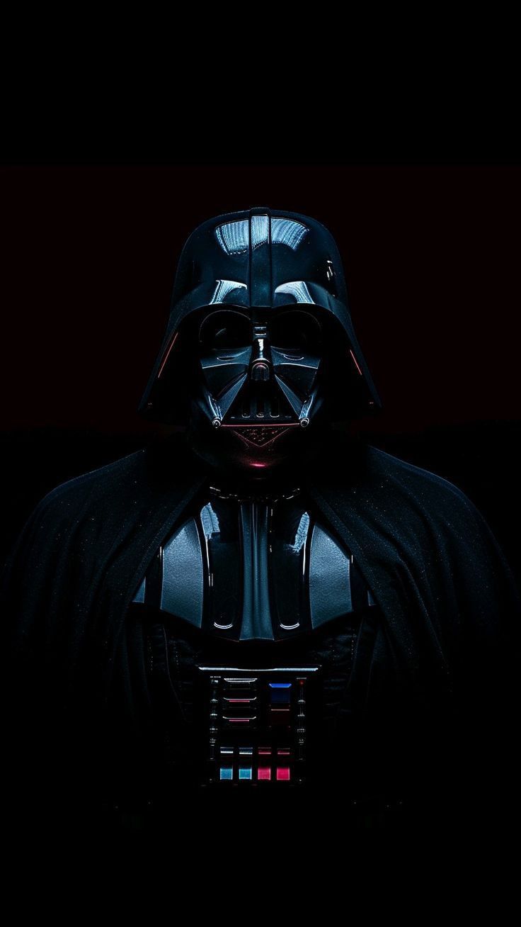 darth vader in the dark with his helmet on and lights up behind him