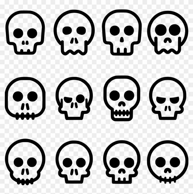 a set of nine skulls with different facial shapes and sizes, all in black on a white background