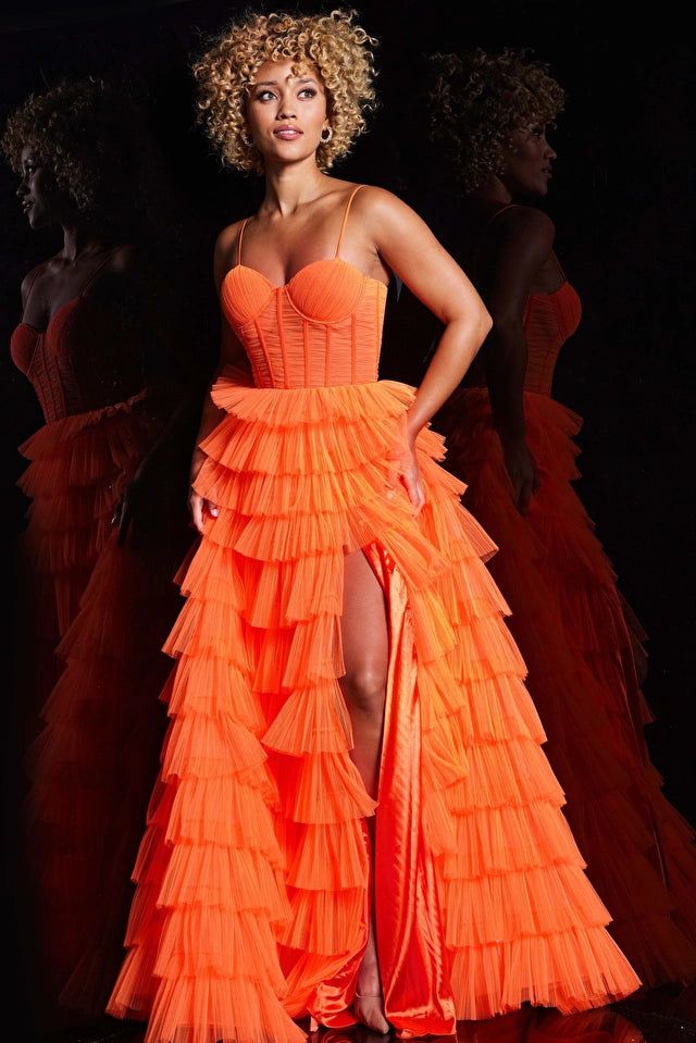 Jovani 38277 - Corset bodice with a tiered tulle ruffle skirt. Shade Of Orange, Pleated Tulle Skirt, Stylish Gown, Formal Prom Dresses Long, Pleated Tulle, Exquisite Gowns, Corset Dress Prom, Prom Ball Gown, Corset Bodice